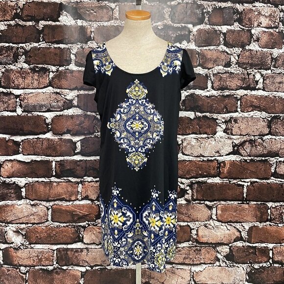 INC International Concepts Midi Dress Short Sleeve Paisley Black Blue Size Large - Picture 5 of 16